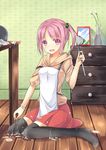  amemiya_ruki apron bangle black_legwear bracelet chest_of_drawers hair_bobbles hair_ornament highres holding jewelry ladle original picture_frame pink_eyes pink_hair side_ponytail sitting solo thighhighs 