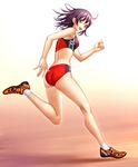  brown_eyes buruma highres kuri_(kurigohan) open_mouth original purple_hair running short_hair solo sports_bikini track_and_field track_uniform 