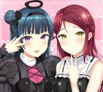  2girls black_bow black_wings blue_hair blush bow commentary_request fake_halo feathered_wings frills fur_collar hair_bow hair_ornament hairband hairclip half_updo hand_on_another&#039;s_shoulder hand_up long_hair long_sleeves looking_at_viewer love_live! love_live!_sunshine!! morerin multiple_girls open_mouth pink_background purple_eyes red_hair sakurauchi_riko side_bun sleeveless smile tsushima_yoshiko upper_body w_over_eye wings yellow_eyes 