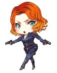  1girl avengers belt black_widow black_widow_(marvel) blush bodysuit chibi dual_wielding green_eyes gun marvel mcu natasha_romanoff solo weapon white_background xkbyzqz 