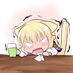  animal_ears ascot blonde_hair cat_ears cat_tail chibi cup extra_ears hoshizuki_(seigetsu) mizuhashi_parsee open_clothes open_shirt pointy_ears puru-see shirt solo tail touhou trembling 