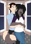  anthro beige_fur black_hair blue_eyes brown_fur canine claws clothing couple detailed_background digital duo eyelashes facial_hair female fur hair hug invalid_background isabella_price isabellaprice male mammal multiple_characters mustache necktie pants purple_eyes romantic shirt smile tan_fur valentino_price were werewolf window wolf 