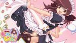  breasts brown_hair dutch_angle frills headdress large_breasts legwear lowres maid maid_apron moeru_mahjong_moejong_(moejan) skirt stockings thighhighs tiles tsukuda_moeko 