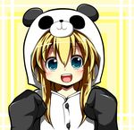  :3 :d animal_costume blonde_hair blue_eyes blush buttons eyebrows_visible_through_hair long_hair long_sleeves looking_at_viewer open_mouth panda_costume shin-mottie sidelocks simple_background sleeves_past_wrists smile solo tareme teeth toshinou_kyouko upper_body yellow_background yuru_yuri 