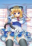  alice_margatroid animal_ears bad_id bad_pixiv_id bed blonde_hair blue_eyes blush cameltoe cat_ears cat_tail frills lying on_back on_bed panties pillow shigemiya_kyouhei short_hair smile solo striped striped_panties tail thighhighs touhou underwear 