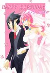  black_hair blue_eyes breasts disgaea dress elbow_gloves gloves large_breasts makai_senki_disgaea_4 male pink_hair red_eyes valvatorez_(disgaea) vulcanus_(disgaea_4) wedding_dress wings 