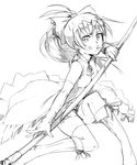  absurdres boots bow food greyscale hair_bow highres long_hair magical_girl mahou_shoujo_madoka_magica monochrome mouth_hold pemu pocky polearm ponytail sakura_kyouko sketch solo spear thighhighs transparent_background weapon 