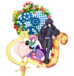  1boy 1girl belt bike_shorts black_hair boots cape card earrings flower fur harold_berselius heart high_heels jewelry judas pants pink_hair purple_eyes rose shoes short_hair smile tales_of_(series) tales_of_destiny_2 thigh_boots thighhighs 