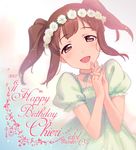  :d bad_id bad_pixiv_id birthday brown_eyes brown_hair choker dress english flower hands_clasped happy_birthday head_wreath idolmaster idolmaster_cinderella_girls jumping_dogeza ogata_chieri open_mouth own_hands_together puffy_short_sleeves puffy_sleeves short_sleeves smile solo twintails 