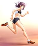  brown_eyes buruma highres kuri_(kurigohan) original purple_hair running short_hair solo sports_bikini track_and_field track_uniform 