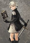  bad_id bad_pixiv_id book boots hair_ornament hairclip katana male_focus nier nier_(series) nier_(young) otoko_no_ko short_hair short_ponytail solo sword tranceorange weapon white_hair 