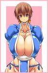  arms_behind_back breasts brown_eyes brown_hair choker cleavage dead_or_alive extreme_muscles huge_breasts japanese_clothes kasumi kasumi_(doa) looking_at_viewer purukogi purukogi_(plasma_beach) tecmo 