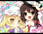  blonde_hair brown_eyes brown_hair dress_shirt hair_ribbon hat letterboxed long_hair maribel_hearn multiple_girls nanamomo_rio necktie open_mouth ribbon shirt smile star touhou upper_body usami_renko yellow_eyes 