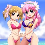  apricot_sakuraba bikini blue_eyes blush breasts cleavage flag_print flower galaxy_angel galaxy_angel_rune goriate hair_flower hair_ornament highleg highleg_bikini highleg_swimsuit highres holding_hands large_breasts long_hair milfeulle_sakuraba multiple_girls navel open_mouth orange_hair pink_bikini pink_hair print_bikini purple_bikini purple_eyes short_twintails siblings sisters smile strap_gap swimsuit twintails union_jack 