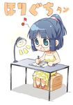  aqua_eyes blue_hair drawing dress glasses happy horiguchi_yukiko_(person) lamp musical_note nagamori ponytail real_life real_life_insert short_hair short_ponytail solo table yellow_dress 