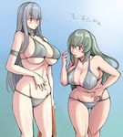  bikini blush breasts cleavage crossover curvy flying_sweatdrops huge_breasts large_breasts long_hair multiple_girls navel older open_mouth red_eyes rozen_maiden selvaria_bles senjou_no_valkyria senjou_no_valkyria_1 silver_hair suigintou sweatdrop swimsuit towel translated tsuda_nanafushi underboob wide_hips 