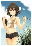  adapted_costume black_hair blush book brush casual hat highres looking_away midriff navel pointy_ears red_eyes shameimaru_aya short_hair short_shorts shorts smile solo tank_top tokin_hat touhou yudepii 