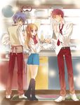  2boys apron blue_hair book cooking green_eyes kitchen long_hair mawaru_penguindrum multiple_boys purple_eyes red_hair rhindon takakura_himari takakura_kanba takakura_shouma 