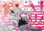  apple clematisxxxx food fruit gloves long_hair male_focus mawaru_penguindrum pink_eyes pink_hair solo trench_coat watase_sanetoshi wavy_hair white_gloves 