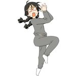  black_hair braid freckles glasses kuragehime kurashita_tsukimi matsui_celine open_mouth pants simple_background socks sweat sweatpants sweatshirt twin_braids 