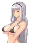  bikini_top blush breasts hairband idolmaster idolmaster_(classic) large_breasts long_hair looking_at_viewer muffin_(sirumeria) purple_eyes shijou_takane shiny shiny_skin silver_hair solo strap_gap string_bikini swimsuit underboob upper_body 