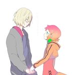  1girl amy26 aquarion_(series) aquarion_evol bad_id bad_pixiv_id blonde_hair blush coat couple gradient_hair hair_ornament hair_over_one_eye headphones hetero jin_musou multicolored_hair orange_hair purple_hair short_hair smile yunoha_thrul 