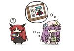  ? bangs bat_wings blue_hair blunt_bangs book book_stack bow box bug butterfly cape chibi crescent dress dress_shirt hair_bow hat head_wings holding holding_book insect koakuma kurokoori long_hair long_sleeves multiple_girls necktie no_mouth no_nose patchouli_knowledge purple_hair red_hair shirt sidelocks skirt skirt_set solid_oval_eyes striped striped_dress thought_bubble touhou vertical_stripes very_long_hair vest white_shirt wide_face wide_sleeves wings wriggle_nightbug 