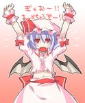  \o/ arms_up bad_id bad_pixiv_id bat_wings cowboy_shot fangs gao hat navel outstretched_arms red_eyes remilia_scarlet solo stretch touhou translated wings yuuki_eishi 
