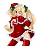  bad_id bad_pixiv_id blonde_hair blue_eyes blush capelet christmas copyright_request hat long_hair one_eye_closed panties pantyshot red_capelet santa_costume santa_hat solo thighhighs twintails underwear yamazaki_kazu 