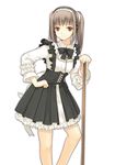  bangs black_bow black_neckwear bow bowtie brown_hair clothes_writing contrapposto corset dasoku_sentarou frills hairband hand_on_hip headphones holding long_hair long_sleeves looking_at_viewer maid original sidelocks simple_background solo standing stick white_background 