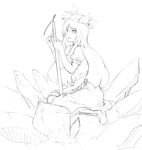  food fruit greyscale hat hinanawi_tenshi leaf long_hair monochrome peach satori_(transient_wind) solo sword sword_of_hisou touhou weapon 