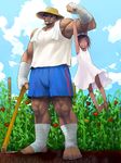  1girl barefoot brown_hair child dark_skin dress farmer feet hand_wraps hanging happy hat highres hoe leg_wrap muscle sagat short_hair size_difference street_fighter tomato yuzuriha_(active_homing) 
