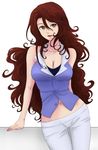  bad_id bad_pixiv_id breasts brown_hair cleavage curly_hair gundam gundam_00 higi_(rodriguez) large_breasts long_hair midriff navel open_mouth smile solo sumeragi_lee_noriega yellow_eyes 