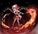  blonde_hair fang fire flandre_scarlet hat laevatein one_side_up red_eyes ribbon short_hair solo subaru_noji touhou wings 