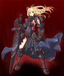  alternate_hairstyle armor armored_dress artoria_pendragon_(all) bad_id bad_pixiv_id black_armor blonde_hair blood braid dark_excalibur dress fate/stay_night fate_(series) hair_down koflif long_hair saber_alter solo sword torn_clothes weapon yellow_eyes 
