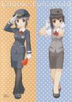  adjusting_hair alternate_costume bangs black_hair black_legwear bow brown_eyes buttons flag full_body funabashi_chitose gloves grey_hair hat high_heels highres lipstick makeup mibu_natsuki odakyu_electric_railway official_art pantyhose pencil_skirt polka_dot polka_dot_background salute scan shoes short_hair sidelocks skirt smile standing tetsudou_musume train_attendant uniform vest white_gloves 