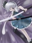  black_hairband geshopu ghost hairband hitodama katana konpaku_youmu konpaku_youmu_(ghost) ribbon short_hair solo speed_lines sword touhou weapon white_hair 