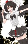  bangs black_hair black_wings chiri_(o9o9) hat looking_at_viewer open_mouth red_eyes shameimaru_aya short_hair smile solo thighhighs touhou wings 