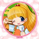  90s ;d bangs blonde_hair blue_eyes blunt_bangs blush child circle close-up eighth_note flat_chest flower hair_bobbles hair_ornament karaoke kayama_licca long_hair microphone music musical_note one_eye_closed open_mouth overalls shiny shiny_hair shirt singing smile solo striped striped_background super_doll_licca-chan t-shirt tokuda_shinnosuke v v_over_eye 
