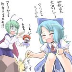  ameimo antennae blue_eyes blush_stickers bow cape chibi cirno closed_eyes dress green_eyes green_hair hair_bobbles hair_bow hair_ornament ice lowres multiple_girls onozuka_komachi open_mouth red_hair sweatdrop touhou translated wings wriggle_nightbug 