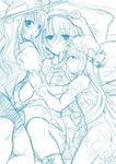  ainili alice_margatroid bad_id bad_pixiv_id bed blue blush from_above kirisame_marisa long_hair lying monochrome mouth_hold multiple_girls on_back patchouli_knowledge short_hair touhou yuri 