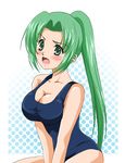  blush breasts cleavage green_eyes green_hair higurashi_no_naku_koro_ni large_breasts long_hair lowres one-piece_swimsuit open_mouth ponytail school_swimsuit sinko solo sonozaki_mion swimsuit 