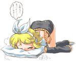  arm_warmers blonde_hair closed_eyes hair_ornament hairclip kagamine_rin lowres manji_taba pillow shorts solo top-down_bottom-up translated vocaloid 