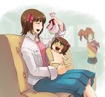  amami_haruka brown_hair chibi closed_eyes dual_persona idolmaster idolmaster_(classic) idolmaster_1 multiple_girls murai_shinobu nonowa short_hair sitting smile takatsuki_yayoi twintails yayoi_creature 