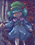  ^_^ backpack bag blue_dress blue_hair blush closed_eyes collar dress flat_cap foreshortening hair_bobbles hair_ornament hat kawashiro_nitori key long_sleeves outdoors pocket sayuu_hanten solo touhou two_side_up walking 