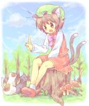 animal_ears cat cat_ears cat_tail chen china_dress chinese_clothes dress earrings hat jewelry multiple_tails oimo ribbon sitting sitting_on_tree_stump solo tail touhou tree_stump 
