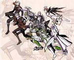  5boys absurdres almira artist_request blonde_hair boots breasts cain_(over_zenith) cape carrying cleavage dorothy_(over_zenith) dress everyone eyepatch feel flying furry galumn gloves highres juju large_breasts leon_(over_zenith) multiple_boys multiple_girls over_zenith pointing red_hair running scan scarf shoulder_carry silver_hair the_wizard_of_oz thigh_boots thighhighs toto_(over_zenith) vitis wings wolf zoom_layer 