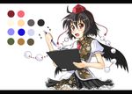  bangs black_hair black_wings clipboard hat looking_at_viewer lululu0709 mechanical_pencil open_mouth pencil red_eyes shameimaru_aya short_hair skirt solo touhou wings 