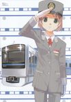  arm_up blazer brown_hair buttons flat_chest gloves green_eyes ground_vehicle hat highres ishida_aiko jacket looking_at_viewer mibu_natsuki name_tag necktie notebook odakyu_electric_railway official_art pants peaked_cap salute short_hair smile solo standing tetsudou_musume thigh_gap train train_attendant translated uniform white_gloves 