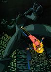  80s blonde_hair bodysuit boots city highres hirano_toshihiro iczer-1 iczer_(series) iczer_robo knee_boots mecha official_art oldschool pink_bodysuit tatakae!!_iczer-1 